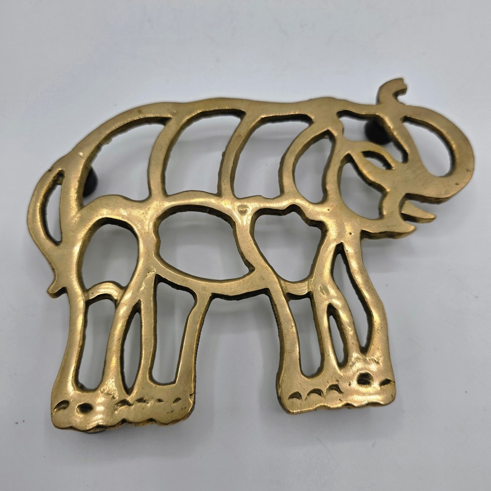 Vintage Brass Elephant Trivet Gold Tone Openwork Animal Pot Rest 7x5 Footed